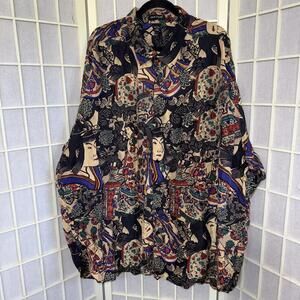 Silk Club Japanese Woodblock Art‎ Floral Festival Asian Button Down Blouse 4XL